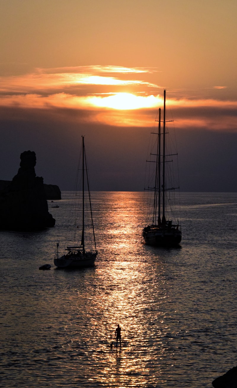 silhouette of 2 people on boat during sunset